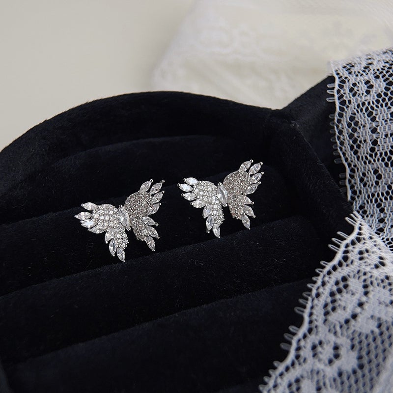 Chic Zircon Butterfly Stud Earrings Fashionable Heavy Zircon Butterfly-Silver Needle