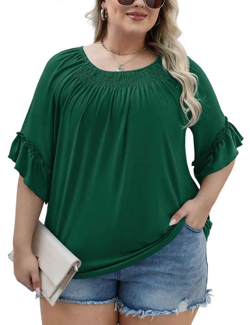 Micoson Plus Size 3/4 Sleeve Tops for Women Half Shirts Dressy Casual Crewneck Tunic Work Business Elegant Top Green - Image 4