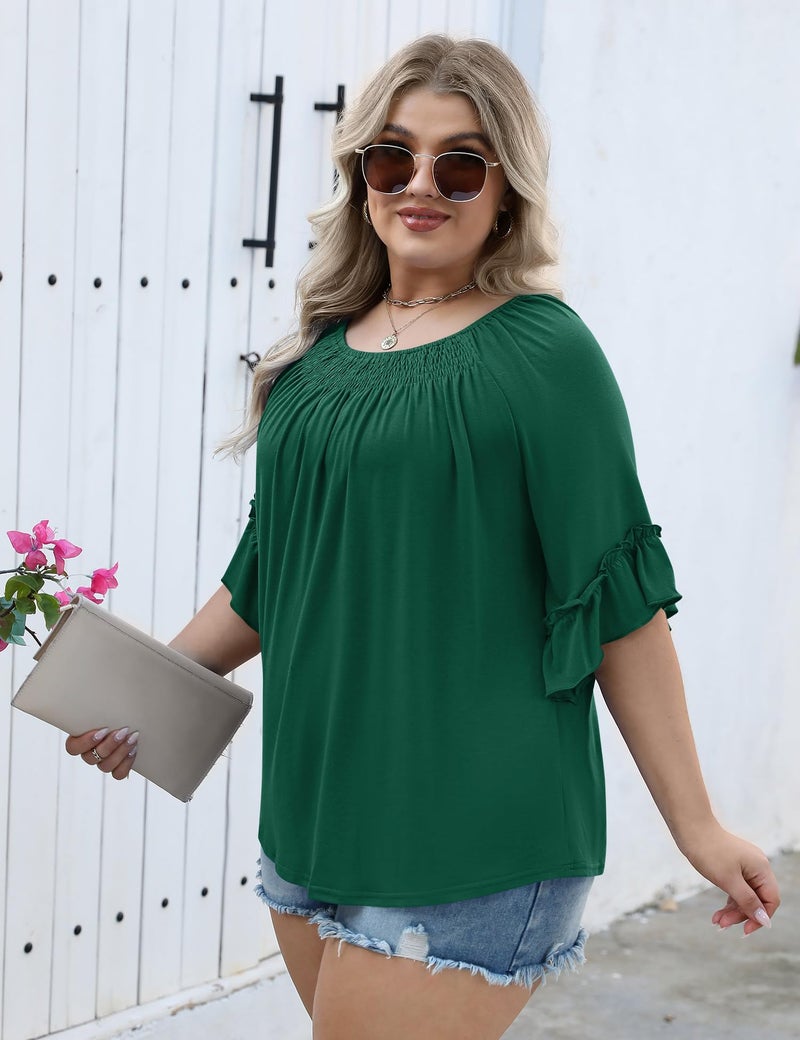 Micoson Plus Size 3/4 Sleeve Tops for Women Half Shirts Dressy Casual Crewneck Tunic Work Business Elegant Top Green - Image 3
