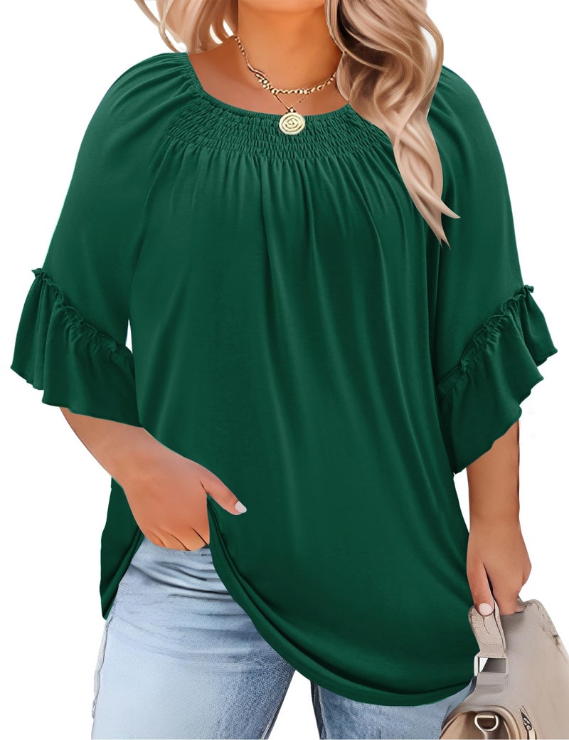 Micoson Plus Size 3/4 Sleeve Tops for Women Half Shirts Dressy Casual Crewneck Tunic Work Business Elegant Top Green - Image 1