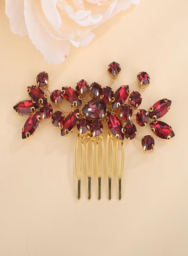 BERYUAN Dainty Teardrop Rhinestone Crystal Wedding Hair Comb Handmade Hair Side Comb Women Girls Wedding Headpiece Silver Gold Wedding Hair Accessories for Brides Bridesmaid (wine red) - Image 2