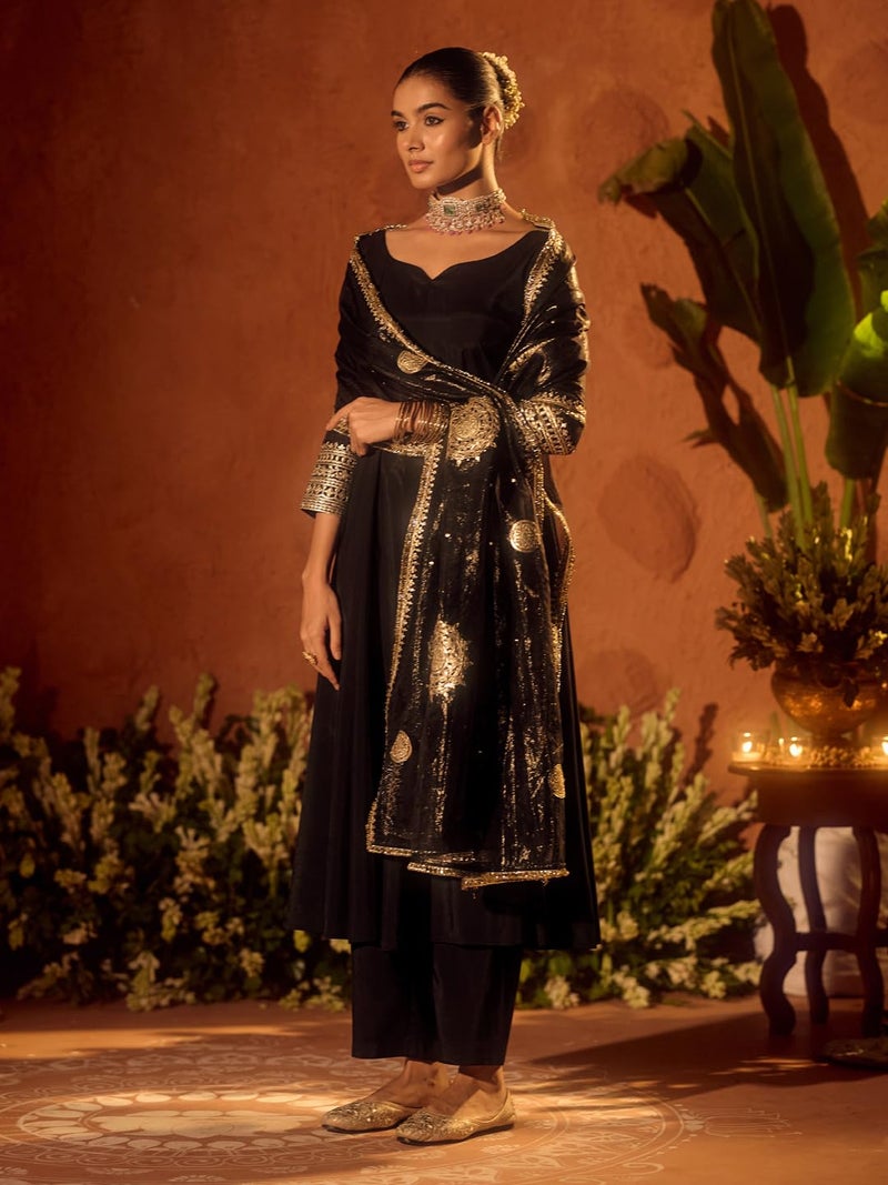 FIORRA Women’s Black Viscose Chanderi Embroidered Ethnic Anarkali Kurta Set with Dupatta - Image 4