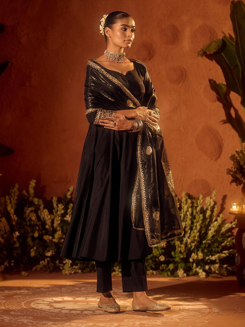 FIORRA Women’s Black Viscose Chanderi Embroidered Ethnic Anarkali Kurta Set with Dupatta - Image 3