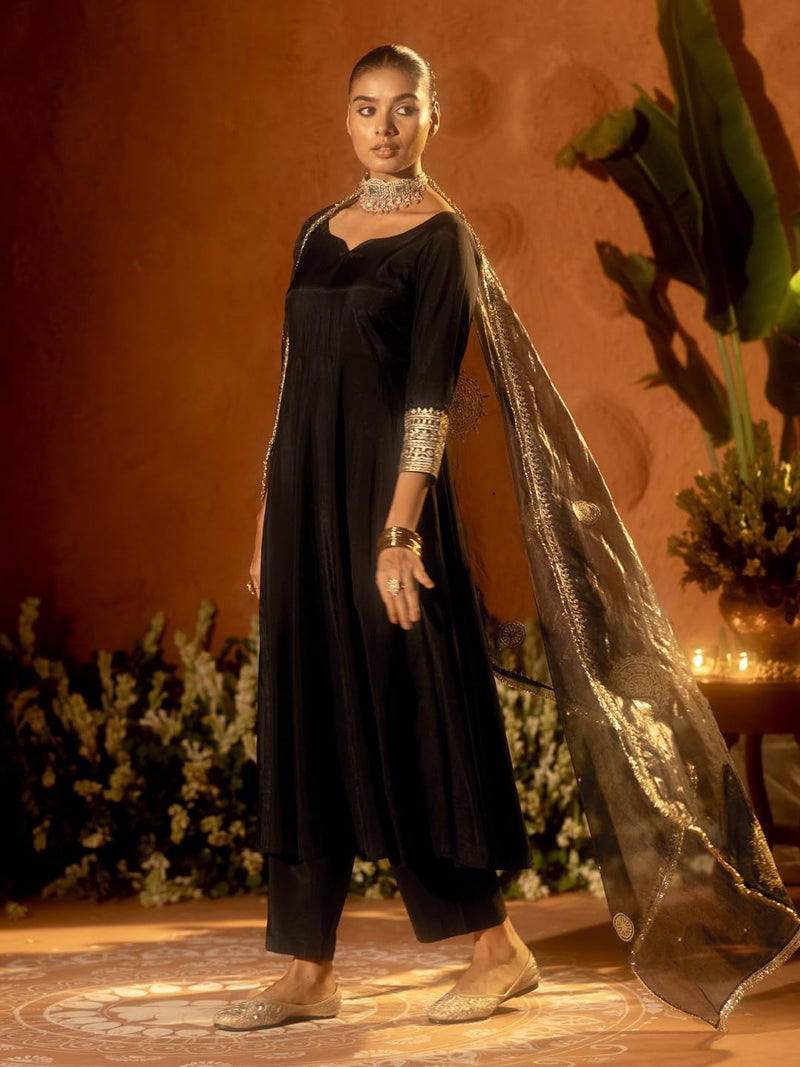 FIORRA Women’s Black Viscose Chanderi Embroidered Ethnic Anarkali Kurta Set with Dupatta - Image 5