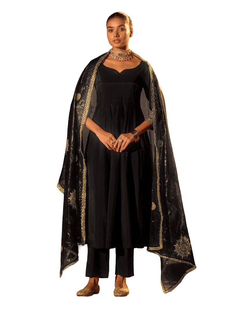 FIORRA Women’s Black Viscose Chanderi Embroidered Ethnic Anarkali Kurta Set with Dupatta - Image 1