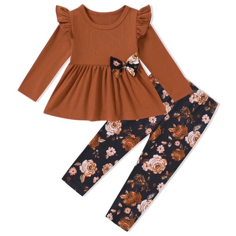 SANMIO Toddler Girls Clothes Solid Color Long Sleeve Ruffle Shirt Floral Pants Fall Casual Toddler Outfit,Brown,3-4T - Image 1