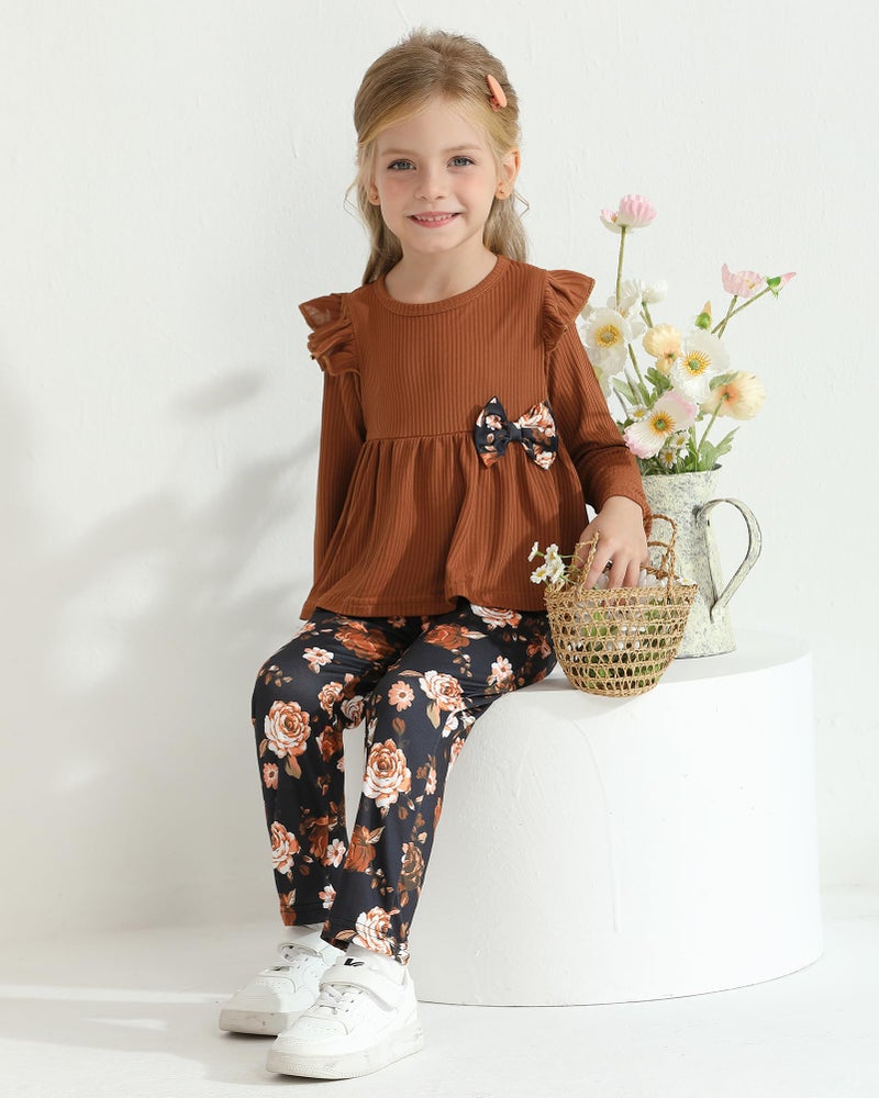 SANMIO Toddler Girls Clothes Solid Color Long Sleeve Ruffle Shirt Floral Pants Fall Casual Toddler Outfit,Brown,3-4T - Image 2
