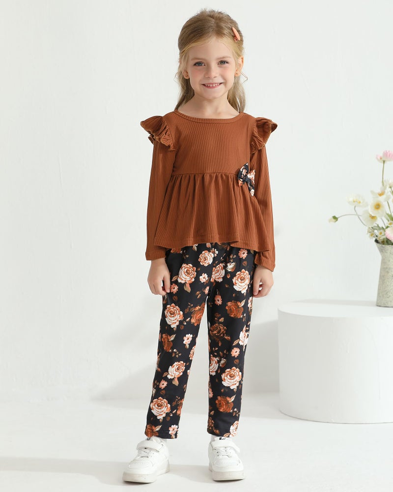 SANMIO Toddler Girls Clothes Solid Color Long Sleeve Ruffle Shirt Floral Pants Fall Casual Toddler Outfit,Brown,3-4T - Image 3