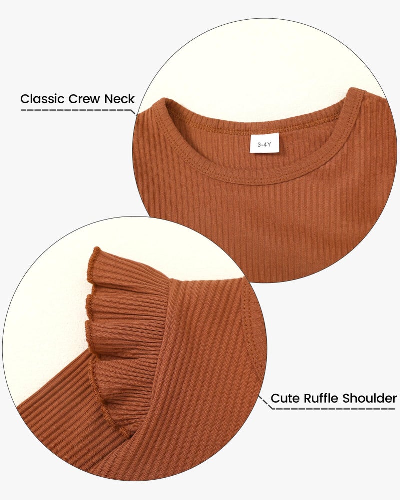 SANMIO Toddler Girls Clothes Solid Color Long Sleeve Ruffle Shirt Floral Pants Fall Casual Toddler Outfit,Brown,3-4T - Image 5