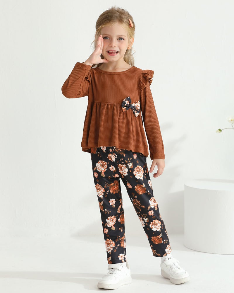 SANMIO Toddler Girls Clothes Solid Color Long Sleeve Ruffle Shirt Floral Pants Fall Casual Toddler Outfit,Brown,3-4T - Image 4