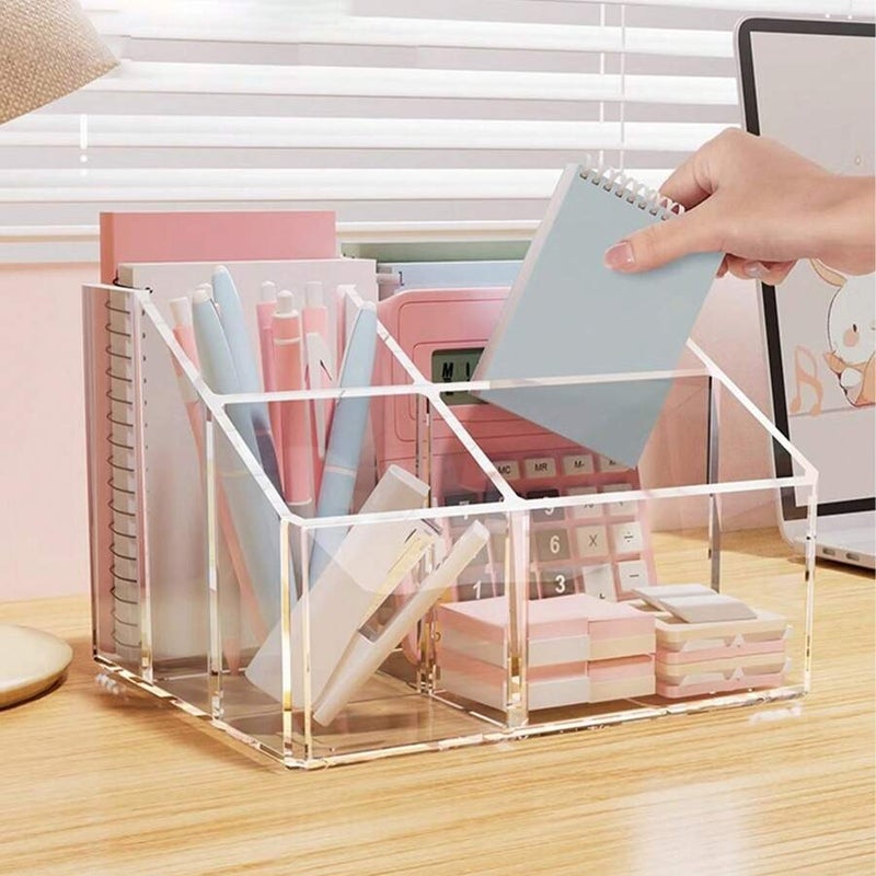 Shein 1 Piece Ultra-Cute Pen Holder & Desk Storage Box, Clear Compartment Organizer for Students, Office, Makeup, and Stationery - L Size - Image 1