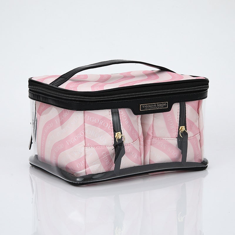 New PU Waterproof Striped Vanity Tote SetNew Three-Piece Set-Pink Wave New Three-Piece Set-Pink Wave