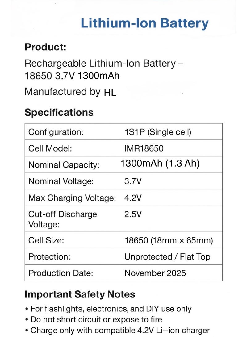 HL 18650 Rechargeable Battery 1300mAh – High Performance Lithium-Ion 4 Pack - Image 4