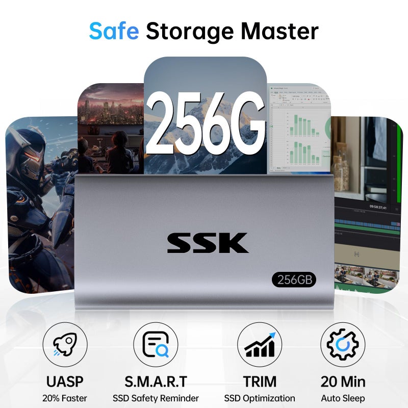 SSK قرص صلب خارجي SSK سعة 256 جيجابايت، قرص SSD محمول بسرعة تصل إلى 550 ميجابايت/ثانية، قرص خارجي USB 3.2 Gen2 لجهاز iPhone 15/Pro، ويندوز، ماك، أندرويد مع ضوء LED، دعم Trim وSMART - Image 4