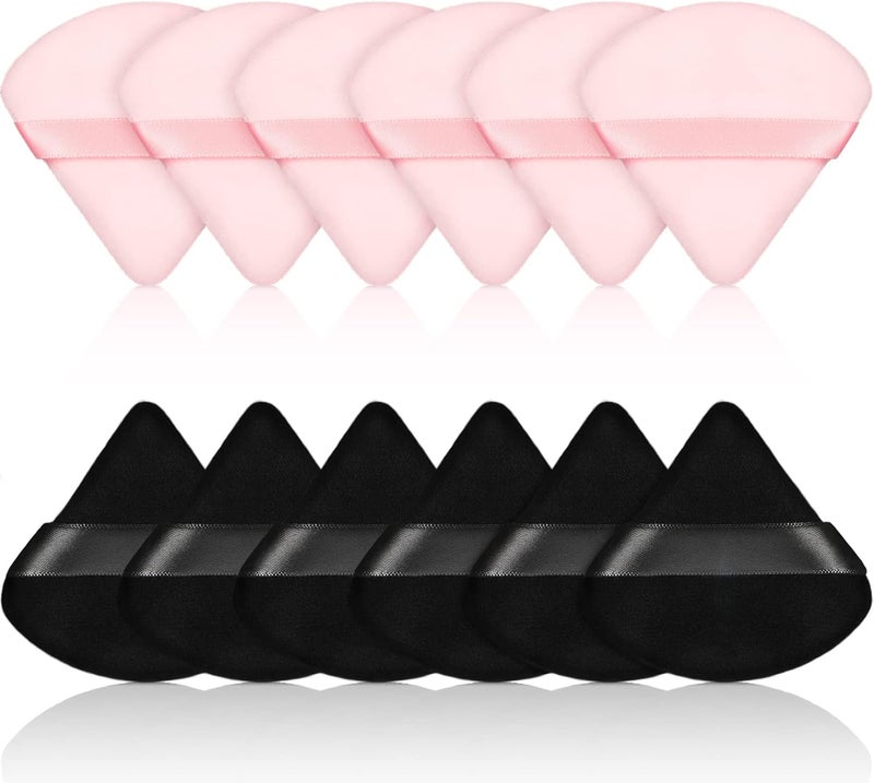 Maitys 12 Pieces Powder Puff Triangle Face Makeup Cosmetic for Loose Powder Soft Body Washable Reusable Foundation Sponge Mineral Wet Dry Makeup Tool(Black, Pink, Small) - Image 1