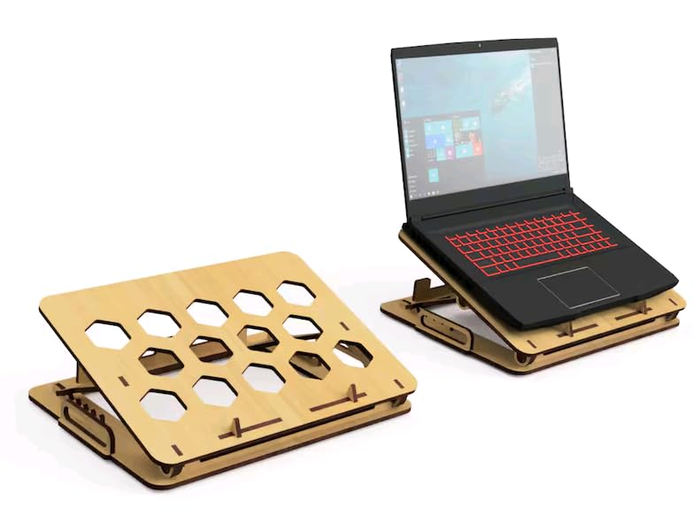 MeeCraft Portable Wooden Laptop Stand MacBook Holder Adjustable Tilt Height Honeycomb Ventilation with Carrying Handles 37x27cm Brown - Image 1