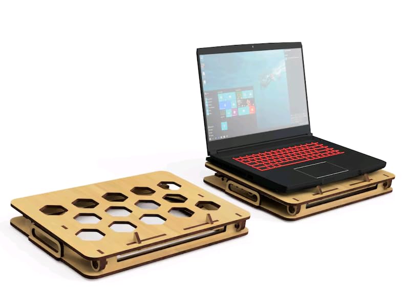 MeeCraft Portable Wooden Laptop Stand MacBook Holder Adjustable Tilt Height Honeycomb Ventilation with Carrying Handles 37x27cm Brown - Image 2
