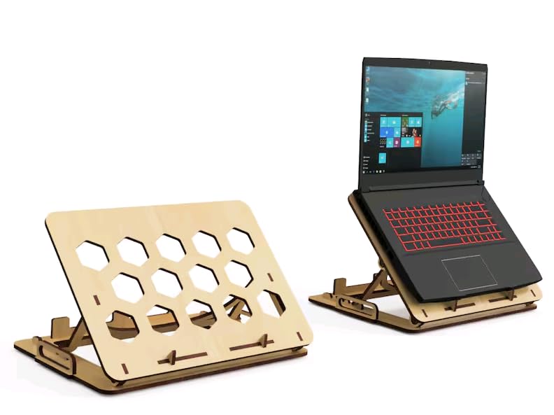 MeeCraft Portable Wooden Laptop Stand MacBook Holder Adjustable Tilt Height Honeycomb Ventilation with Carrying Handles 37x27cm Brown - Image 3