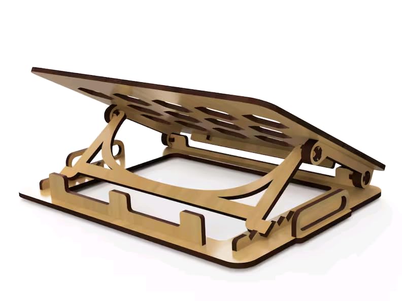 MeeCraft Portable Wooden Laptop Stand MacBook Holder Adjustable Tilt Height Honeycomb Ventilation with Carrying Handles 37x27cm Brown - Image 5