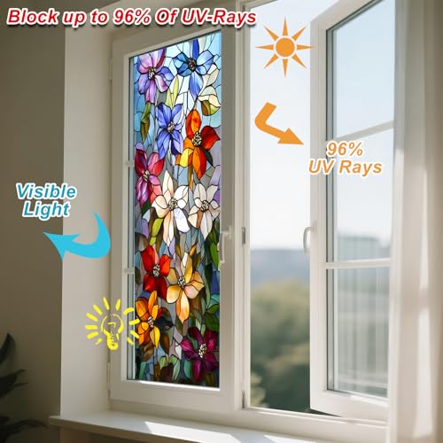 IVN Stained Glass Window Film 17.7x39.3 inch Multicolor Wildflower Design Window Privacy Film Stained Decals Static Cling Sun Blocking Decor for Home Office Glass Panels - Image 4