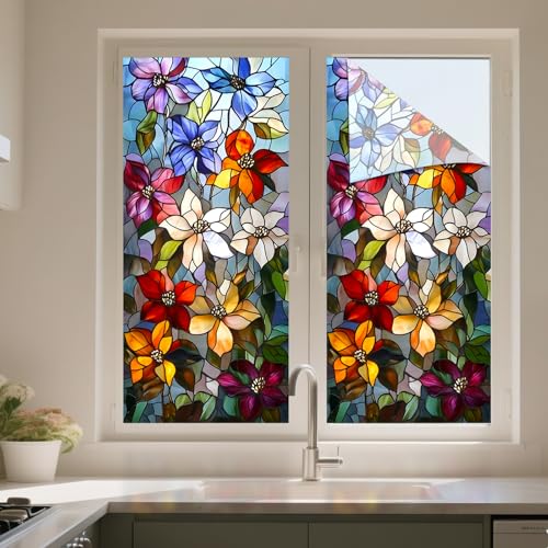 IVN Stained Glass Window Film 17.7x39.3 inch Multicolor Wildflower Design Window Privacy Film Stained Decals Static Cling Sun Blocking Decor for Home Office Glass Panels - Image 5