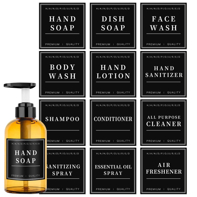TESWEY Waterproof Labels for GlassPlastic Bottles 12 PCS Bathroom Hand Soap Shampoo Dispenser Label Stickers Removable Bottle Labels for Soap Lotion Shampoo and Conditioner 3X3Black