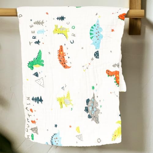 BASEEFY Muslin Bath Towel for Babies – 6 Layer Premium Cotton, Super Soft, Breathable & Highly Absorbent, Gentle on Sensitive Skin for Kids Boys and Girls(105 * 50 CM, Dinosaurs) - Image 1