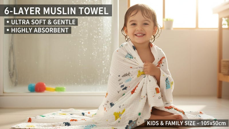 BASEEFY Muslin Bath Towel for Babies – 6 Layer Premium Cotton, Super Soft, Breathable & Highly Absorbent, Gentle on Sensitive Skin for Kids Boys and Girls(105 * 50 CM, Dinosaurs) - Image 4