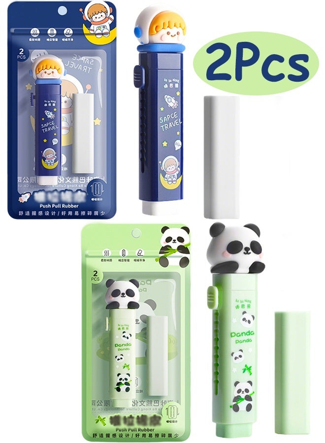 2 Set Cute Cartoon Push-Pull Eraser with 2 Replacement Core Retractable Kawaii Design for Kids' Writing & Drawing Smooth Clean Erasing with Minimal Residue Fun Stationery Gift for School, Art, and Creative Supplies(Blue and Green) - Image 1