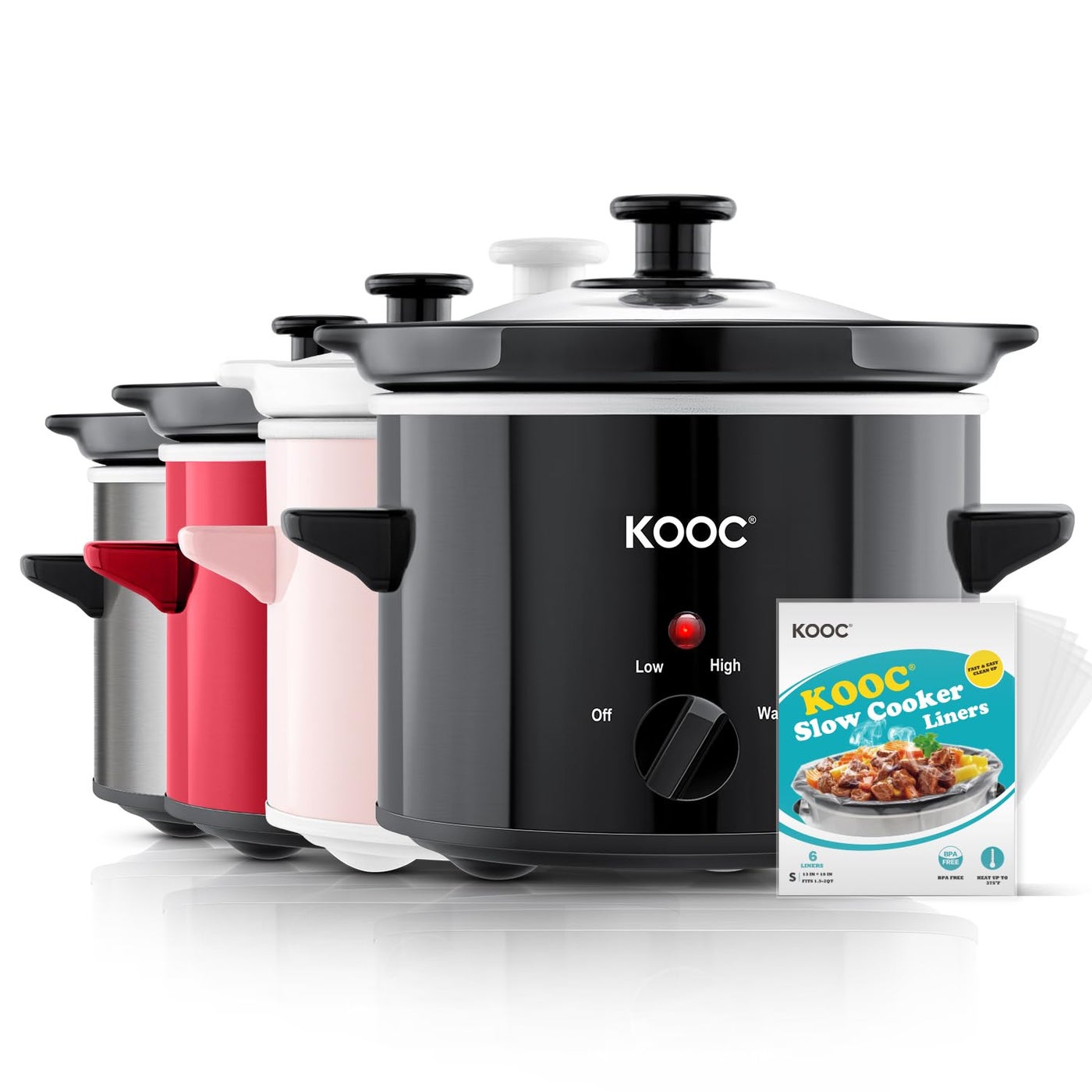 KOOC Small Slow Cooker, 2-Quart, Free Liners Included for Easy Clean-up, Upgraded Ceramic Pot, Adjustable Temp, Nutrient Loss Reduction, Stainless Steel, Black, Round…