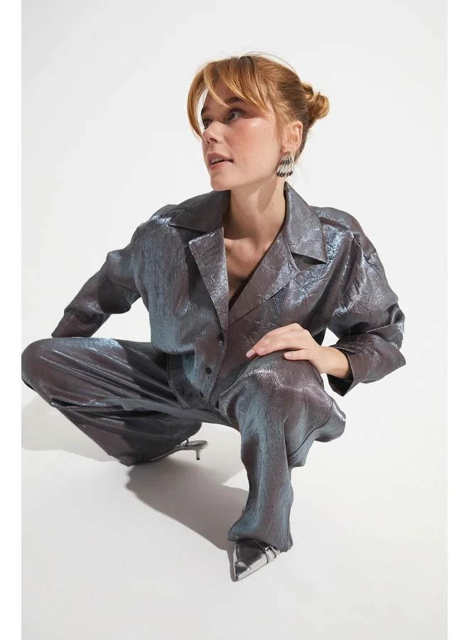 JUNE June Bright Satin Fabric Shirt & Trouser Set Grey