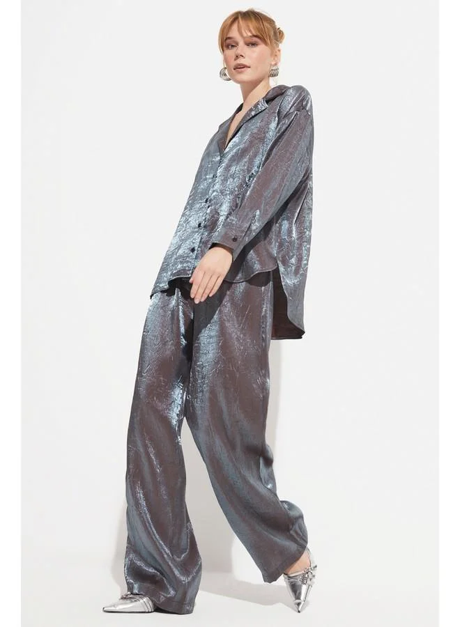 JUNE June Bright Satin Fabric Shirt & Trouser Set Grey