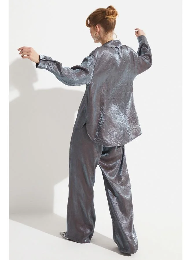 JUNE June Bright Satin Fabric Shirt & Trouser Set Grey