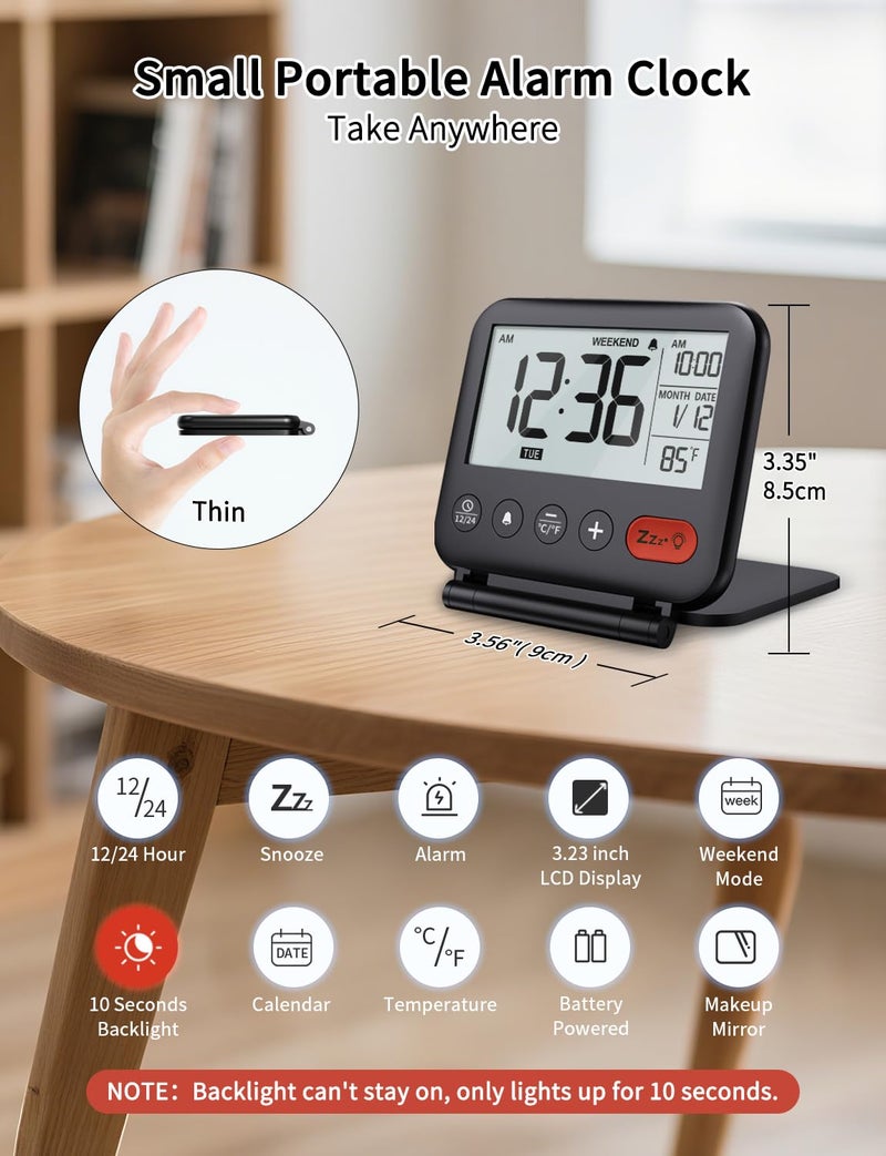 NOKLEAD Digital Travel Alarm Clock for Bedroom Office: Small LCD Desk Clock with Backlight Date Temperature Snooze 12/24H Weekend Mode and Mirror, Battery Powered Folding Bedside Clock for Adult Kids - Image 2