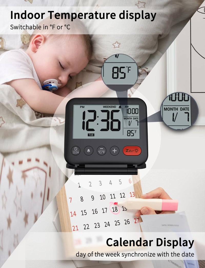 NOKLEAD Digital Travel Alarm Clock for Bedroom Office: Small LCD Desk Clock with Backlight Date Temperature Snooze 12/24H Weekend Mode and Mirror, Battery Powered Folding Bedside Clock for Adult Kids - Image 5