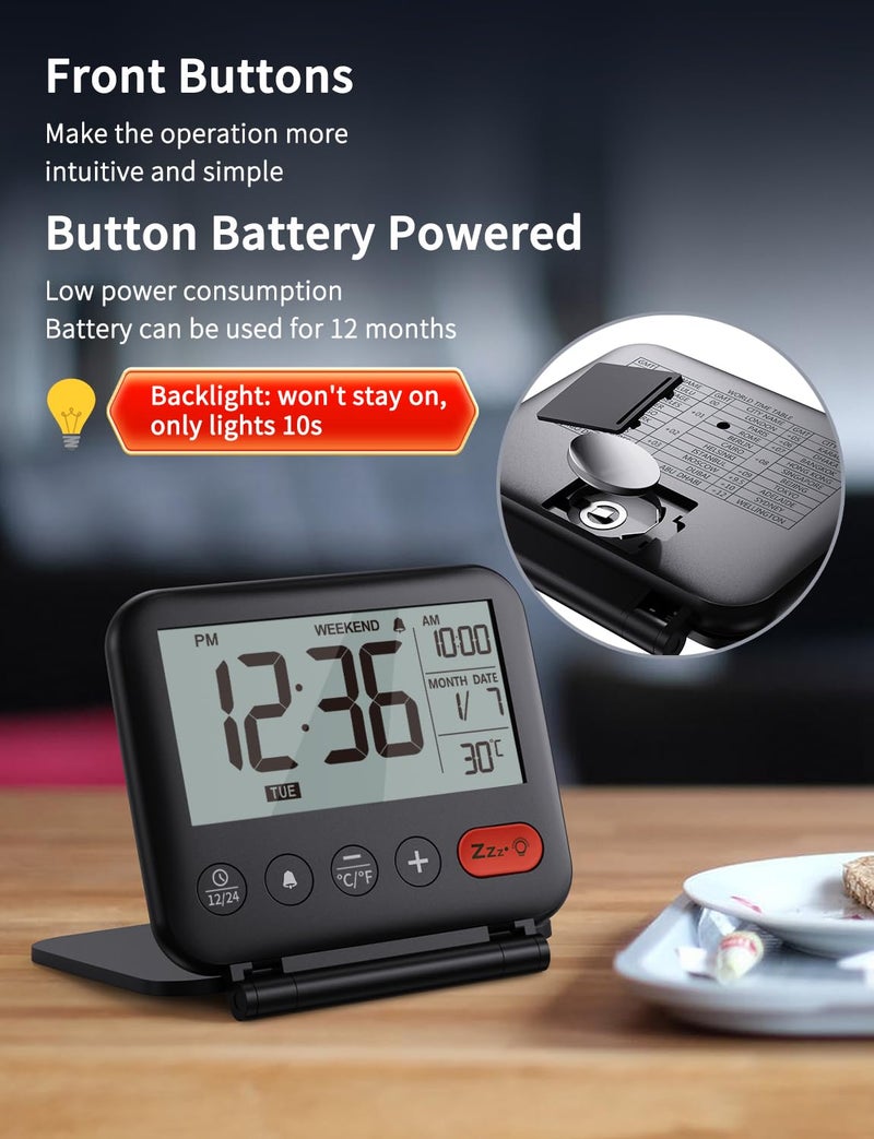 NOKLEAD Digital Travel Alarm Clock for Bedroom Office: Small LCD Desk Clock with Backlight Date Temperature Snooze 12/24H Weekend Mode and Mirror, Battery Powered Folding Bedside Clock for Adult Kids - Image 3