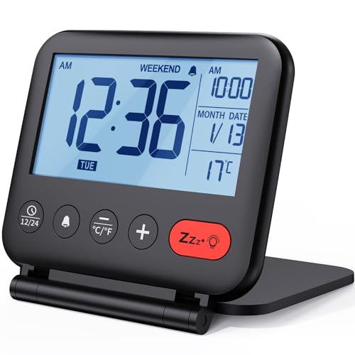 NOKLEAD Digital Travel Alarm Clock for Bedroom Office: Small LCD Desk Clock with Backlight Date Temperature Snooze 12/24H Weekend Mode and Mirror, Battery Powered Folding Bedside Clock for Adult Kids - Image 1