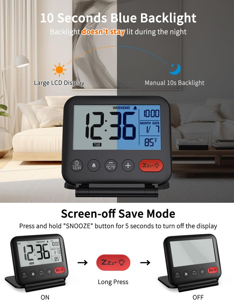 NOKLEAD Digital Travel Alarm Clock for Bedroom Office: Small LCD Desk Clock with Backlight Date Temperature Snooze 12/24H Weekend Mode and Mirror, Battery Powered Folding Bedside Clock for Adult Kids - Image 4