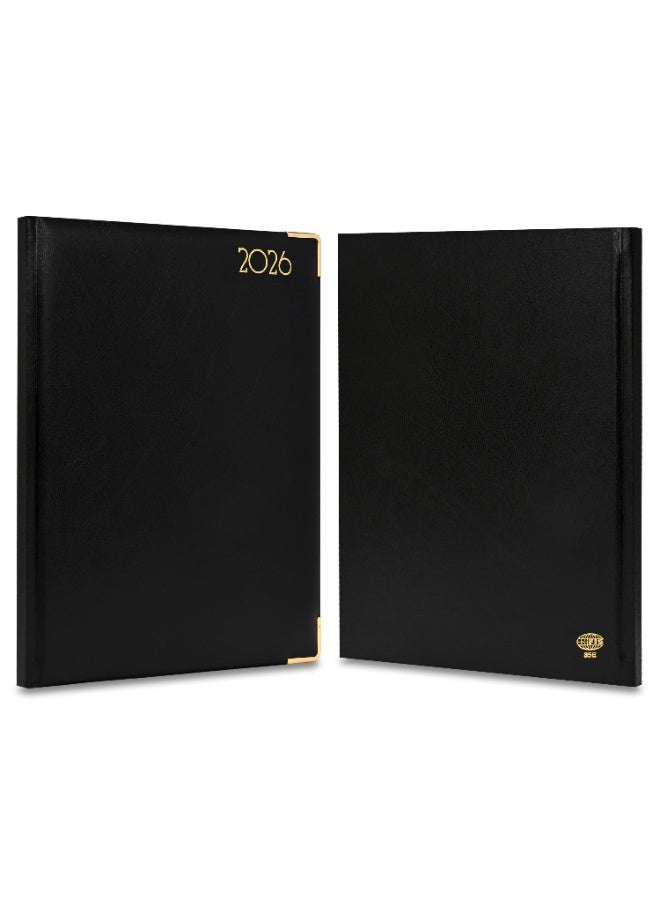 FIS 2026 Executive Diary, Size 210x260mm, 1 Side Padded & Sewn Vinyl Cover, 1 Week at a Glance Format, Golden Corners, English/French, 70gsm White Paper, Black Cover-FSDI35E26BK - Image 2