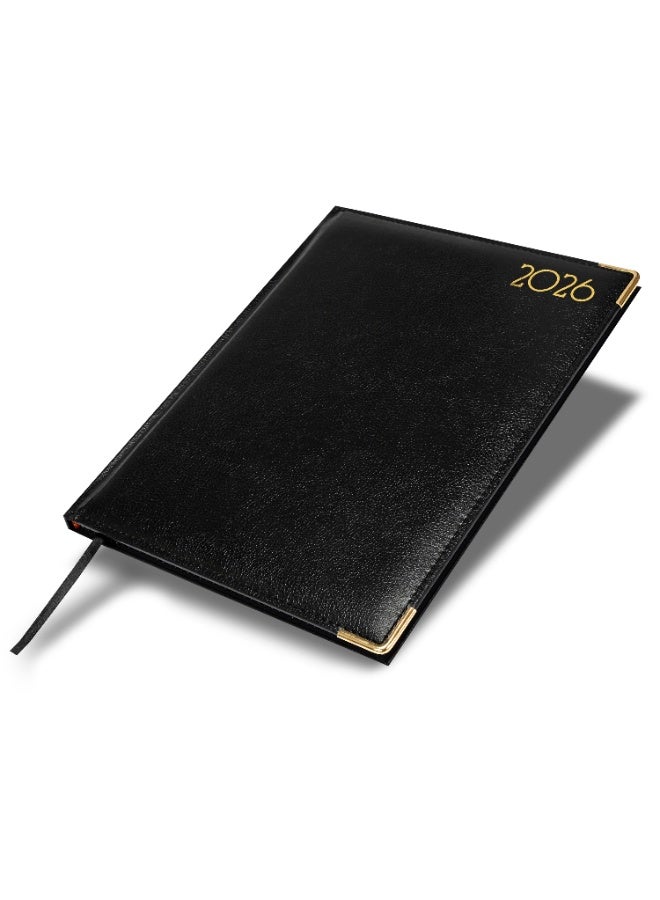 FIS 2026 Executive Diary, Size 210x260mm, 1 Side Padded & Sewn Vinyl Cover, 1 Week at a Glance Format, Golden Corners, English/French, 70gsm White Paper, Black Cover-FSDI35E26BK - Image 1