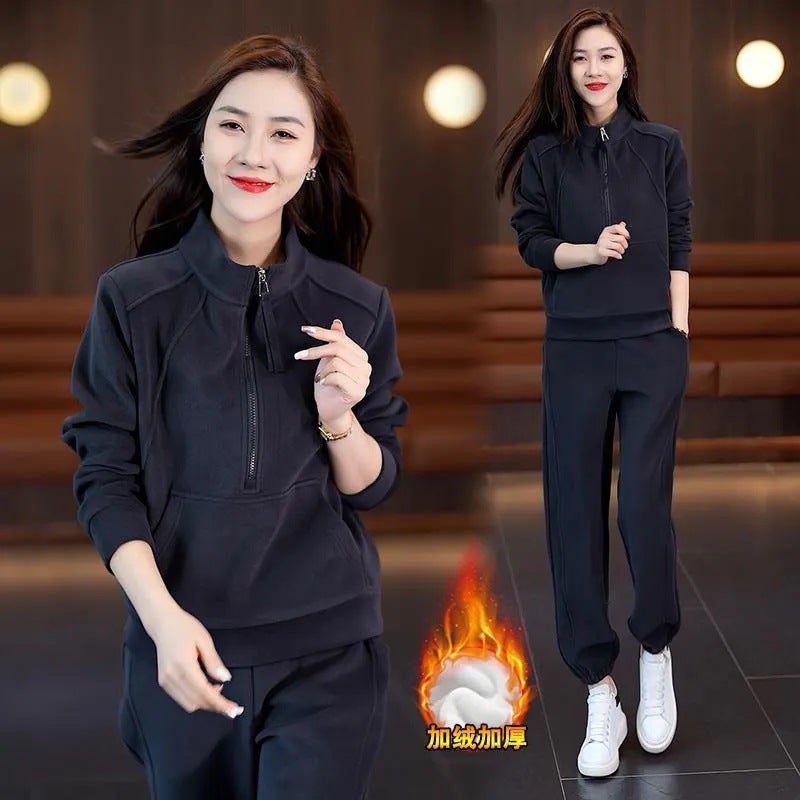 fleece-lined Women''s Sweatshirt Half Zipper suit Western Style Autumn and Winter New Thickened Mom Casual Sports Pants Two-piece Set - Image 3