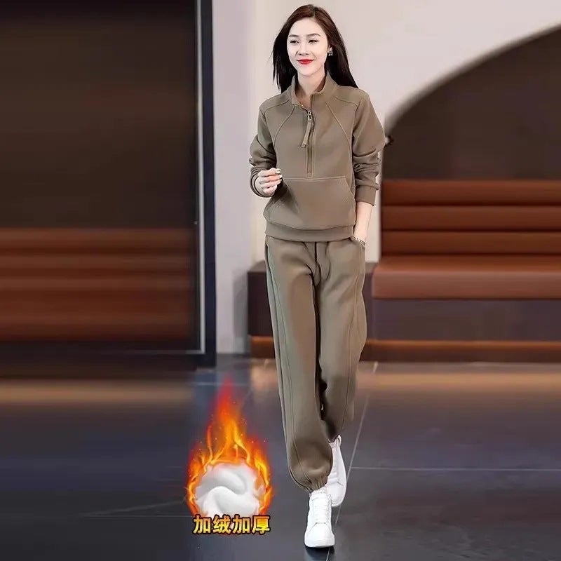 fleece-lined Women''s Sweatshirt Half Zipper suit Western Style Autumn and Winter New Thickened Mom Casual Sports Pants Two-piece Set - Image 4