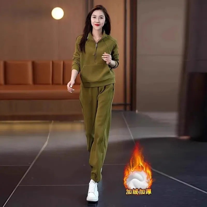 fleece-lined Women''s Sweatshirt Half Zipper suit Western Style Autumn and Winter New Thickened Mom Casual Sports Pants Two-piece Set - Image 5