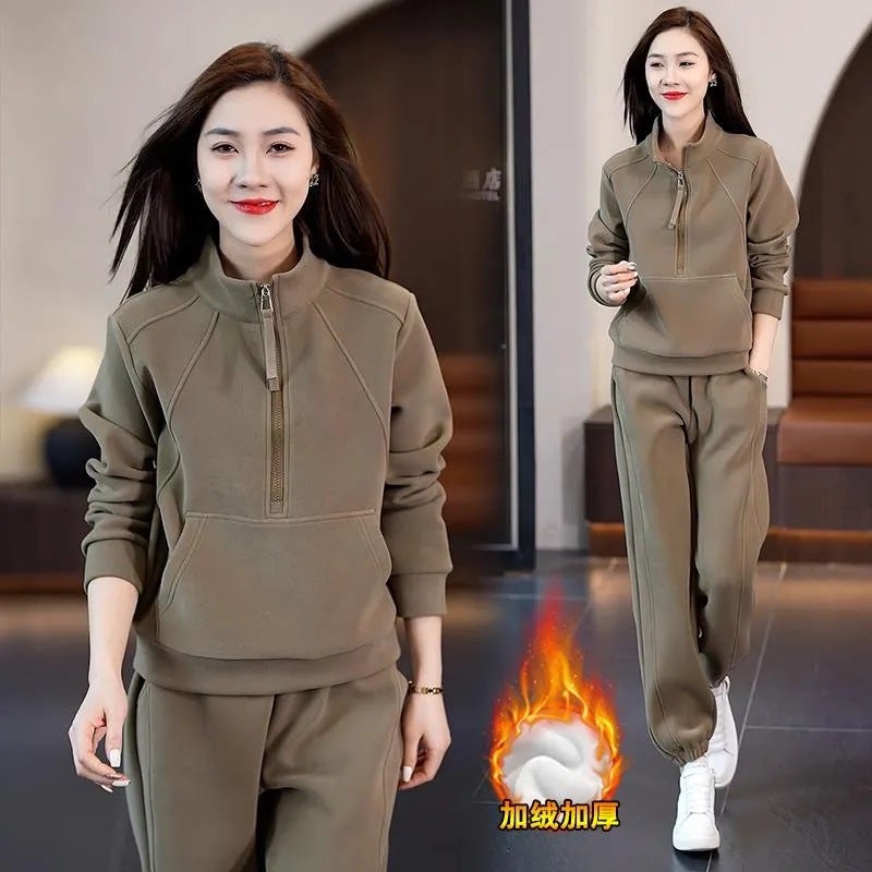 fleece-lined Women''s Sweatshirt Half Zipper suit Western Style Autumn and Winter New Thickened Mom Casual Sports Pants Two-piece Set - Image 2