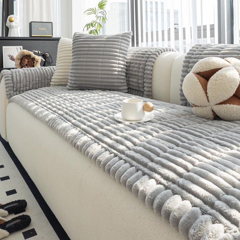 MDSASFD Sofa Couch Cover, Sofa Covers for Dogs Washable, Non-Slip Striped Sofa Slipcovers for Sectional Sofa, Sofa Cover Furniture Protector for L Shaped(Light Grey, 27.6"x 59") - Image 1