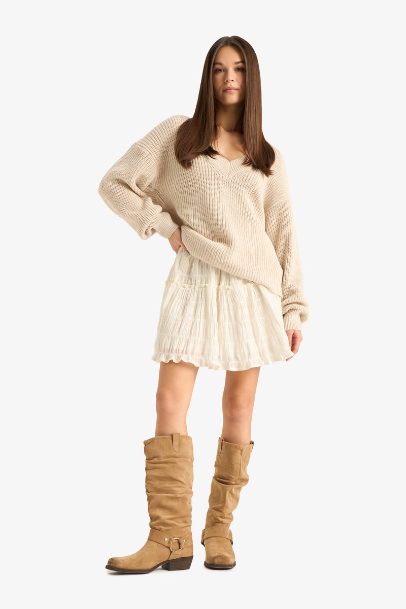 DeFacto Beige Woman Oversize Fit V-Neck Pullover Casual - Image 2