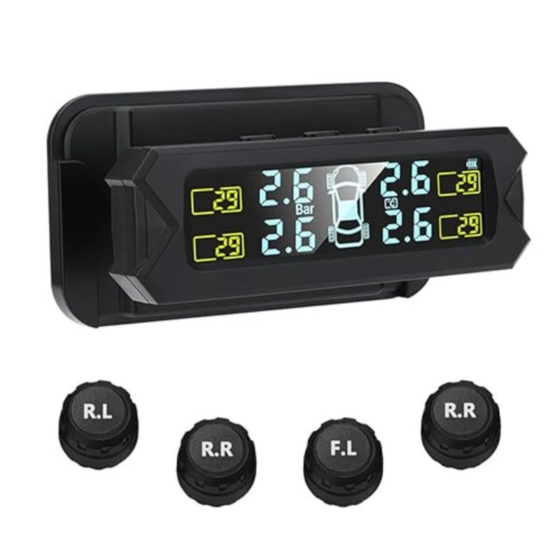 نظام مراقبة ضغط الإطارات TPMS، نظام مراقبة ضغط الإطارات TPMS بالطاقة الشمسية اللاسلكي مثبت على الزجاج الأمامي مع 4 أجهزة استشعار خارجية، عرض درجة حرارة الضغط في الوقت الحقيقي 0-81 رطل لكل بوصة مربعة - Image 1
