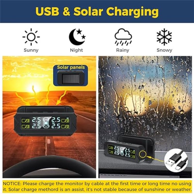 نظام مراقبة ضغط الإطارات TPMS، نظام مراقبة ضغط الإطارات TPMS بالطاقة الشمسية اللاسلكي مثبت على الزجاج الأمامي مع 4 أجهزة استشعار خارجية، عرض درجة حرارة الضغط في الوقت الحقيقي 0-81 رطل لكل بوصة مربعة - Image 5