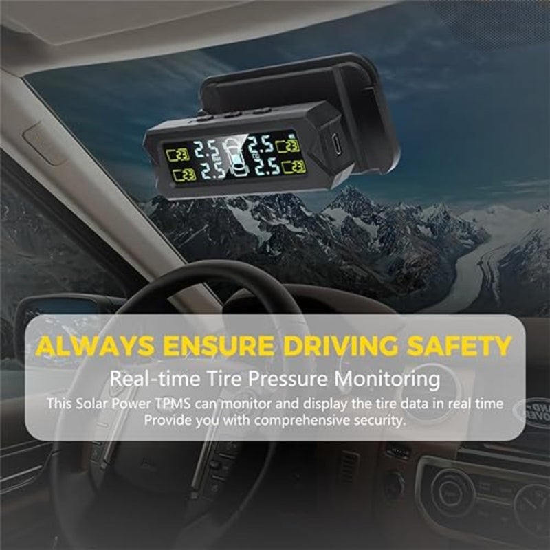 نظام مراقبة ضغط الإطارات TPMS، نظام مراقبة ضغط الإطارات TPMS بالطاقة الشمسية اللاسلكي مثبت على الزجاج الأمامي مع 4 أجهزة استشعار خارجية، عرض درجة حرارة الضغط في الوقت الحقيقي 0-81 رطل لكل بوصة مربعة - Image 3