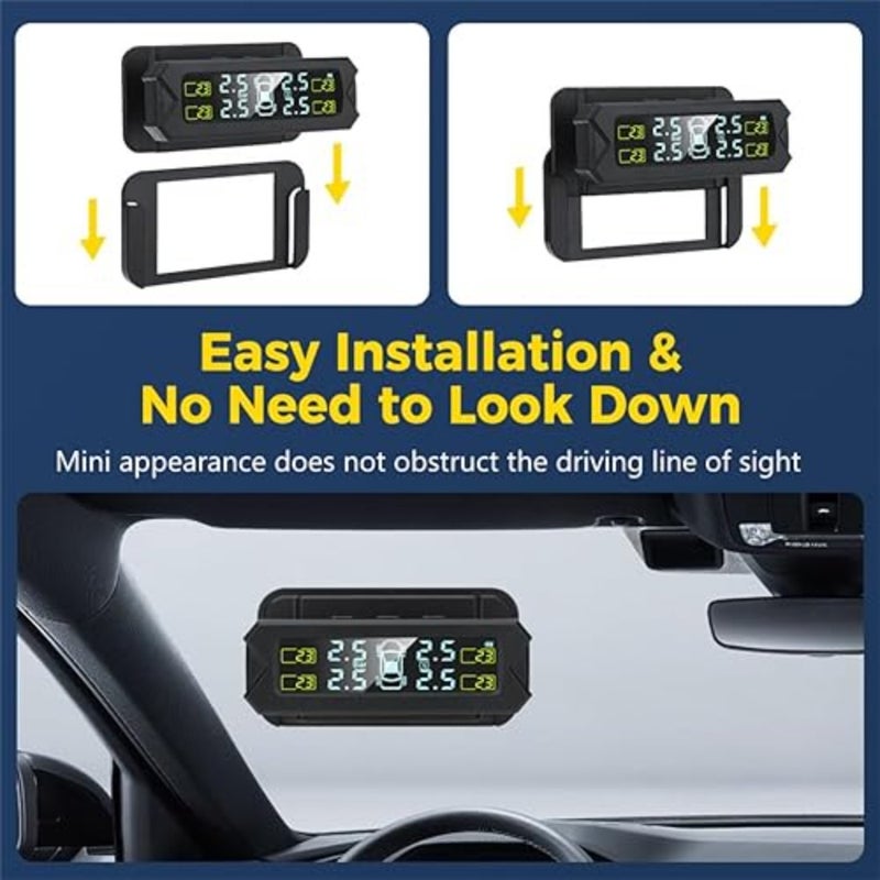 نظام مراقبة ضغط الإطارات TPMS، نظام مراقبة ضغط الإطارات TPMS بالطاقة الشمسية اللاسلكي مثبت على الزجاج الأمامي مع 4 أجهزة استشعار خارجية، عرض درجة حرارة الضغط في الوقت الحقيقي 0-81 رطل لكل بوصة مربعة - Image 2